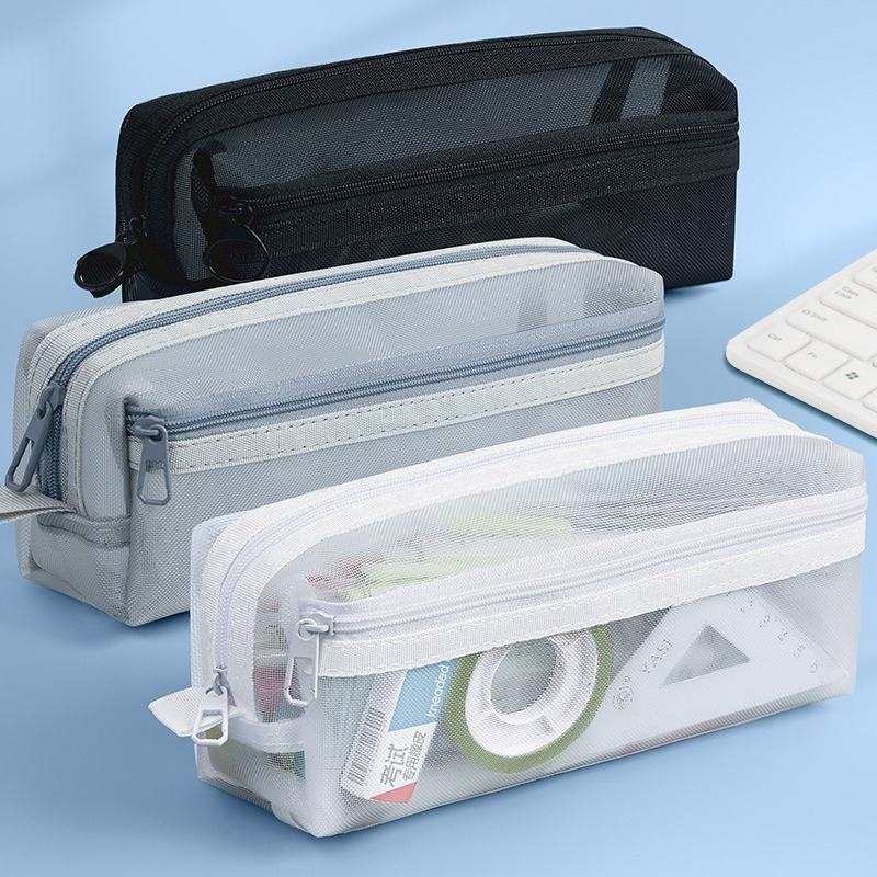 Clear Mesh Pencil Pouch For Exam - Doppelschichtiges transparentes Netz-Federmäppchen, spezielle Schreibwarentasche für