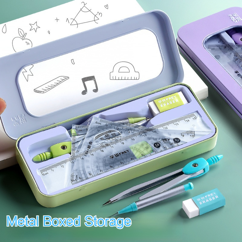 Math Geometry Set With Compass - 7-teiliges mathematisches Lineal-Set für Schüler, Geometrie-Zirkel